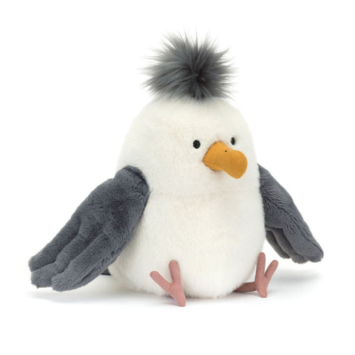 Jellycat Chip Seagull plush toy with white body, gray wings, orange beak, and gray pom-pom