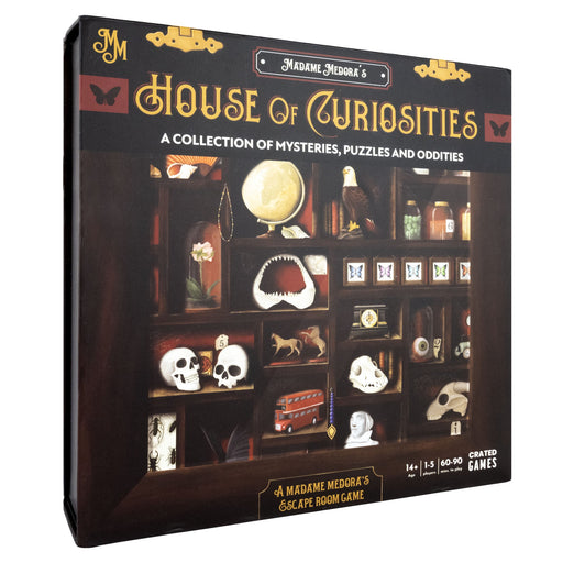 Madame Medora's House of Curiosities escape room game box showing mysterious cabinet display