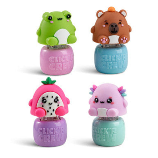 Four Click'r Crew Moody fidget toys with cute animal toppers on colorful bases