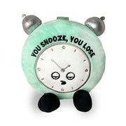 Mint green plush alarm clock with cute face and 'You Snooze You Lose' text