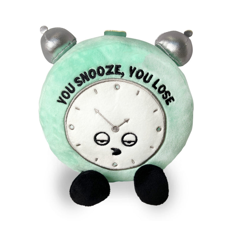 Mint green plush alarm clock with cute face and 'You Snooze You Lose' text