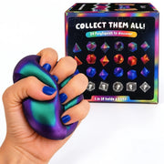 Multi-colored product box showing all the different poly squish you could get when you open your mystery box.  Also a picture of a hand squishing one of these items.  All are a metallic color.  