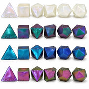Picture of all polysquish series 2 shapes and colors availble in the mystery boxes - pearl, teal, bright blue, purple.