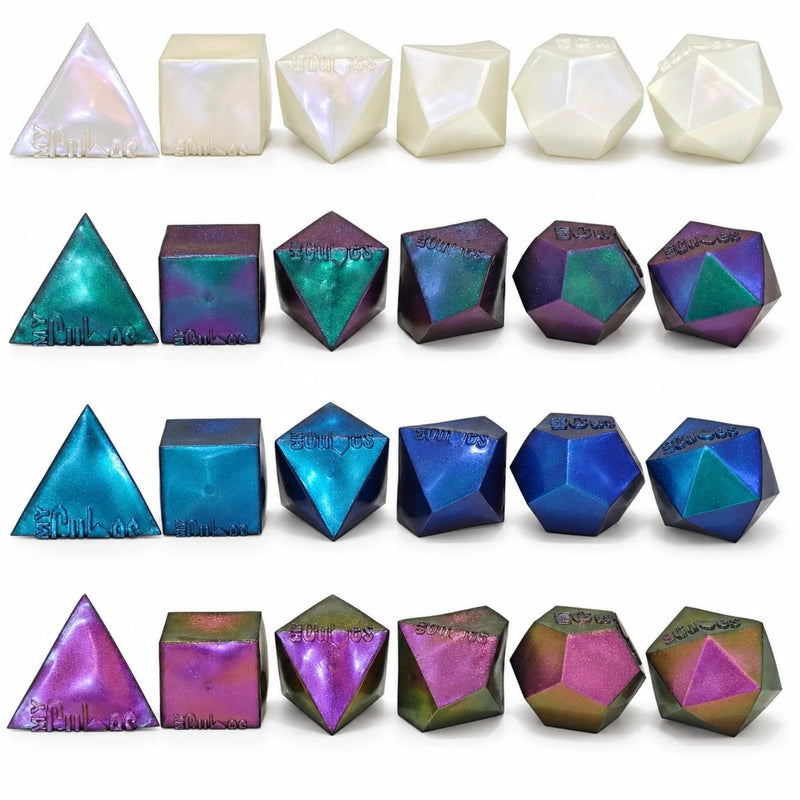 Picture of all polysquish series 2 shapes and colors availble in the mystery boxes - pearl, teal, bright blue, purple.