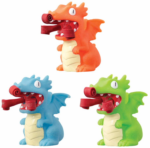 Three Curly Pop Dragon toys in orange, blue, and green with extended tongue launchers