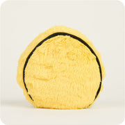 Yellow plush smiley face toy with black embroidered outline on white background