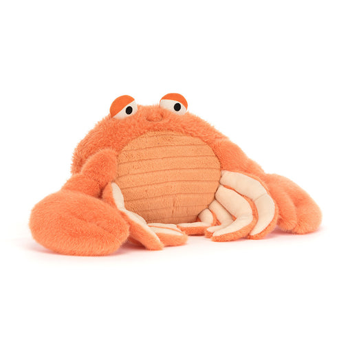 Orange plush crab stuffed animal with white eyes and ribbed belly on white background