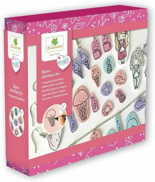 Pink Sycamore jewelry making kit box showing various plastic charms and decorative elements