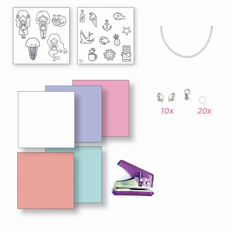 Jewelry making kit with sticker sheets, colored paper, chain, findings and hole punch tool