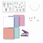 Jewelry making kit with sticker sheets, colored paper, chain, findings and hole punch tool