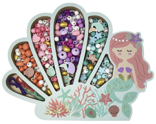 Mermaid-shaped wooden bead kit with colorful beads in shell compartments and mermaid illustration