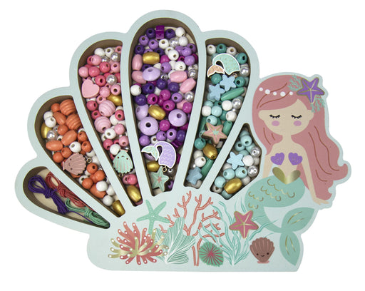 Mermaid-shaped wooden bead kit with colorful beads in shell compartments and mermaid illustration