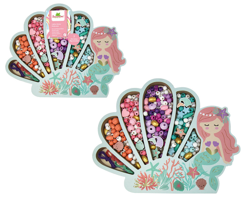 Two mermaid-themed shell-shaped bead organizers filled with colorful wooden beads and craft supplies