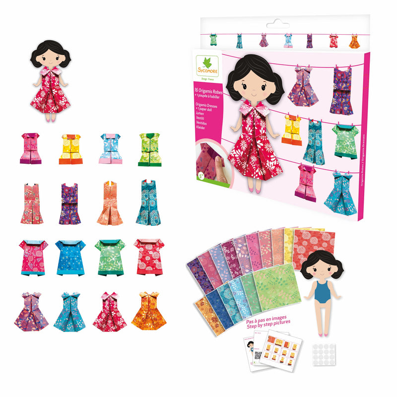 Origami paper dresses craft kit with doll, multiple dress patterns and colorful origami papers