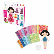 Sycomore origami dress-up doll with patterned fabric sheets and clothesline display
