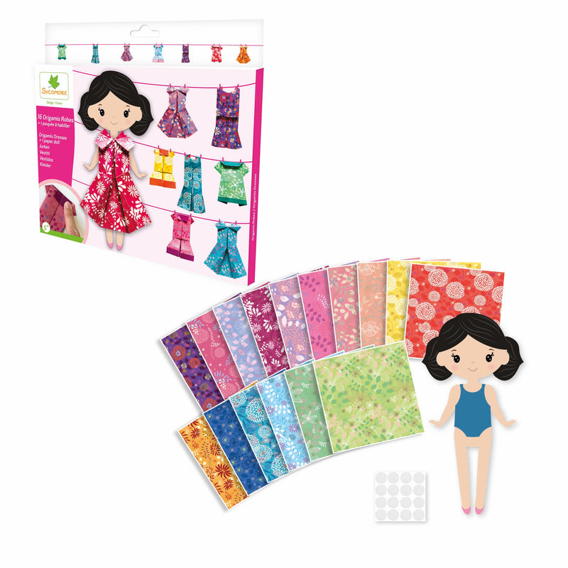 Sycomore origami dress-up doll with patterned fabric sheets and clothesline display