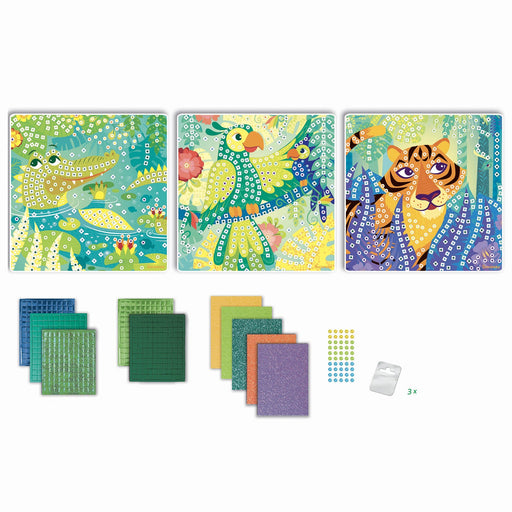 Mosaic craft kit showing animal designs with colorful sticker sheets and completed artwork examples