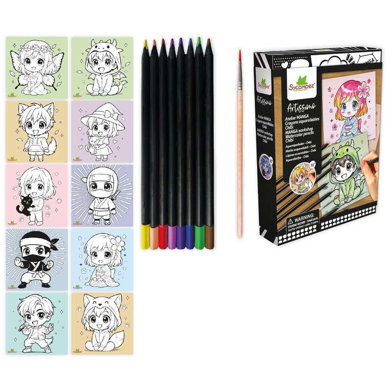 Artissimo Manga Workshop watercolor pencils set with coloring cards and chibi anime characters