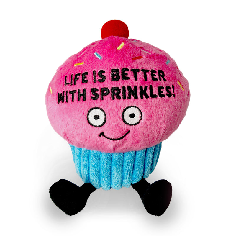 Pink plush cupcake toy with blue wrapper, red cherry, sprinkles and Life Is Better With Sprinkles text