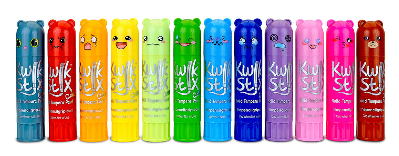 Twelve colorful Kwik Stix Cuties tempera paint sticks with cute face designs on caps