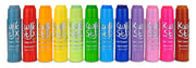 Twelve colorful Kwik Stix tempera paint sticks arranged in a row showing different colors