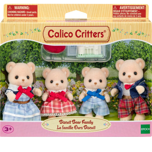 Colico Critters Biscuit Bear Family toy set in its original retail packaging, featuring four small teddy bear figures dressed in blue and red outfits with a small house accessory visible behind them.
