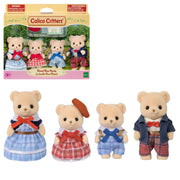 Calico Critters 'Sweet Bear Family' 4-piece plush toy set, showing the retail packaging box at the top left and the four individual bear family figures lined up below on a plain white background.