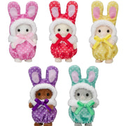 Five small plush bunny costumes imcluding bunny hats and bows, shown in pink, red, yellow, purple, and mint green colorways on a plain white background.
