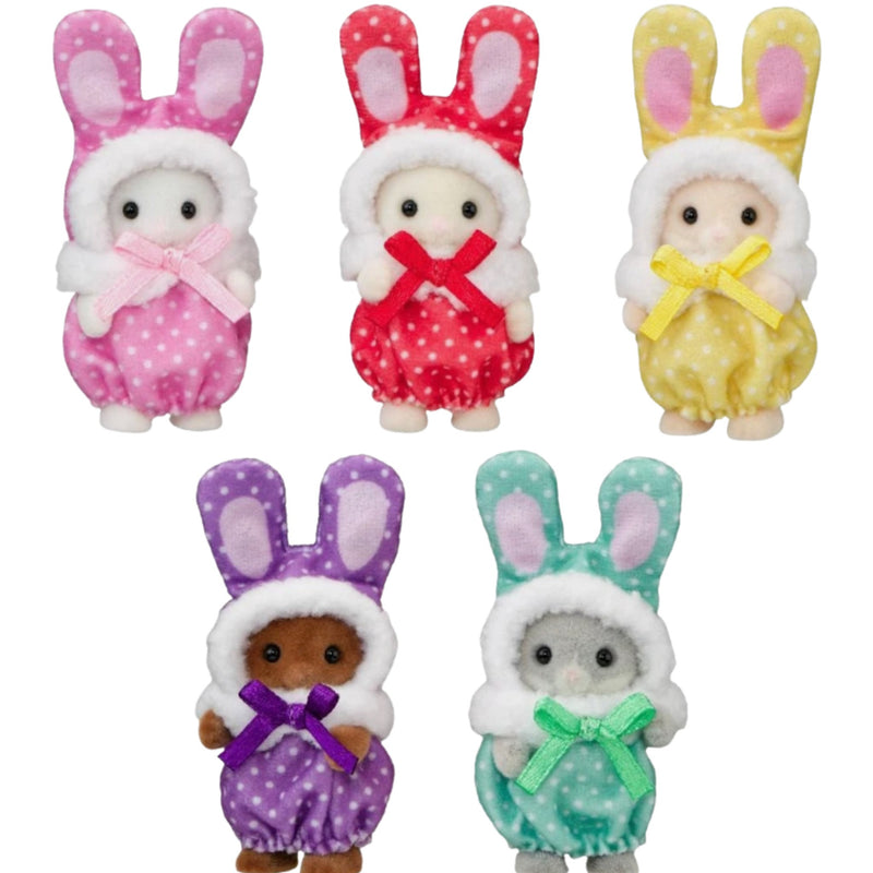 Five small plush bunny costumes imcluding bunny hats and bows, shown in pink, red, yellow, purple, and mint green colorways on a plain white background.