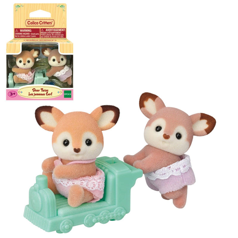 Calico Critters 'Dear Tiny La Jamme Coee' toy set featuring two plush animal figures on a white background, with the retail box shown in the upper left.
