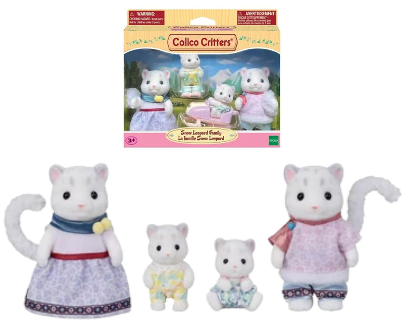 Calico Critters family pet toy set featuring a large cat, two small kittens, and a mother cat figure, displayed in front of their original retail packaging box on a plain white background.