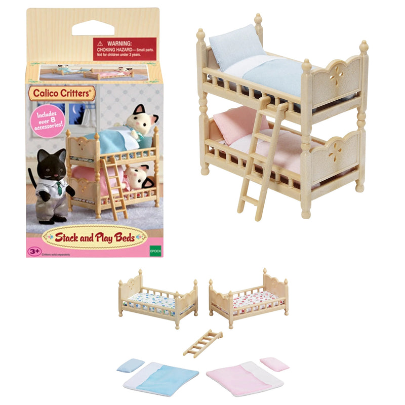 Calico Critters Stack and Play Beds toy set showing a wooden bunk bed with bedding, a smaller single bed, ladder, and accessories, alongside the retail box on a white background.