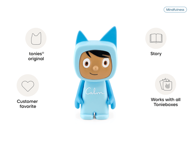 Blue Tonies Creative Tonie Calm figure with cat ears on white background with feature icons