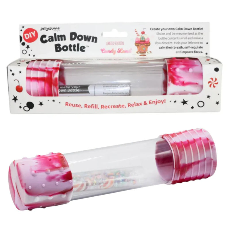 Jellystone DIY Calm Down Bottle kit with pink and white design on a white background.