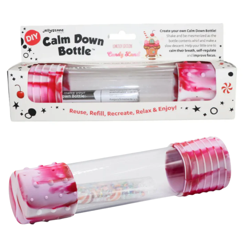 Jellystone DIY Calm Down Bottle kit with pink and white design on a white background.