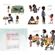 A six-panel illustrated collage showing a Black family navigating life changes, including job loss, childcare, interviews, and a handwritten 'Help Wanted' sign on a whiteboard. The artwork uses a warm, hand-drawn style with multiple characters and objects on a plain white background.