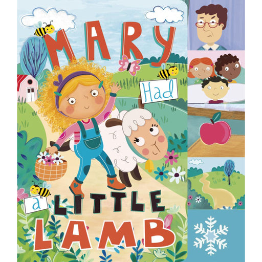 Children's board book cover titled 'Mary Had a Little Lamb' featuring colorful cartoon-style illustration with a girl, lamb, bees, flowers, and small panel scenes along the right side.
