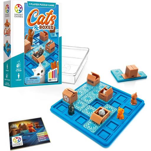 Cats and Boxes puzzle game with packaging and components on a white background.
