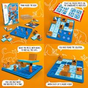 Board game instructions for 'Cats & Boxes' with puzzle pieces and gameboard on an orange background.