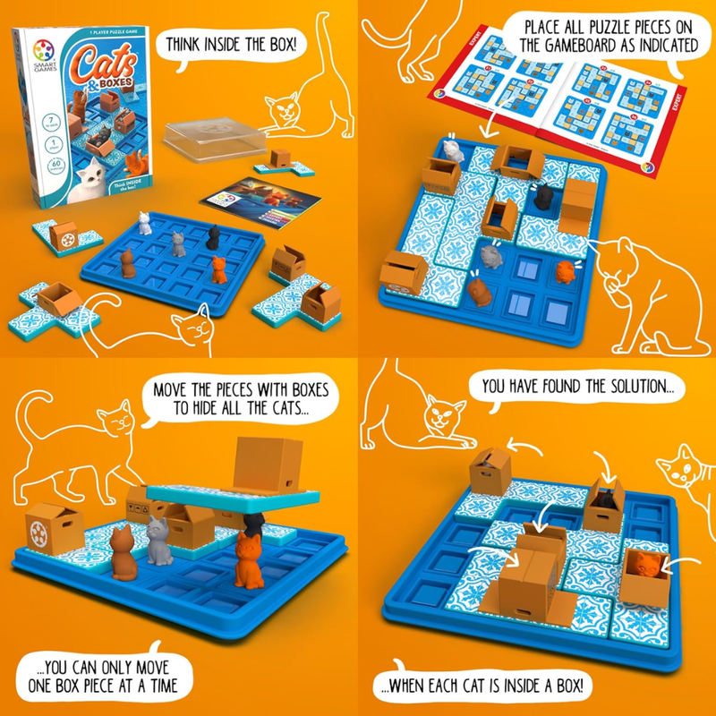 Board game instructions for 'Cats & Boxes' with puzzle pieces and gameboard on an orange background.