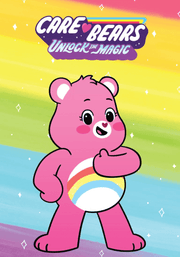 Pink Care Bears Cheer Bear character with rainbow on belly against colorful gradient background