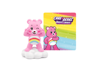 Pink Care Bears Cheer Bear Tonie figure with rainbow belly standing on white cloud next to colorful packaging
