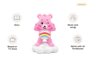 Pink Care Bears Cheer Bear Tonie figure with rainbow belly on cloud base with feature callouts