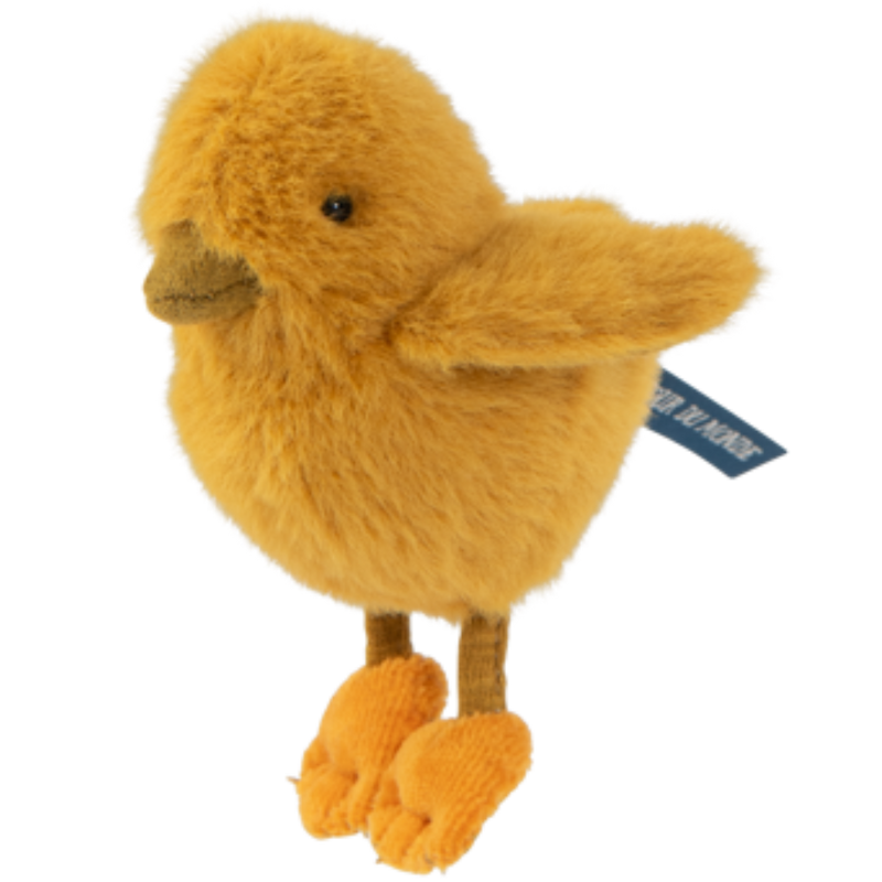 Yellow plush chick toy with orange feet on transparent background