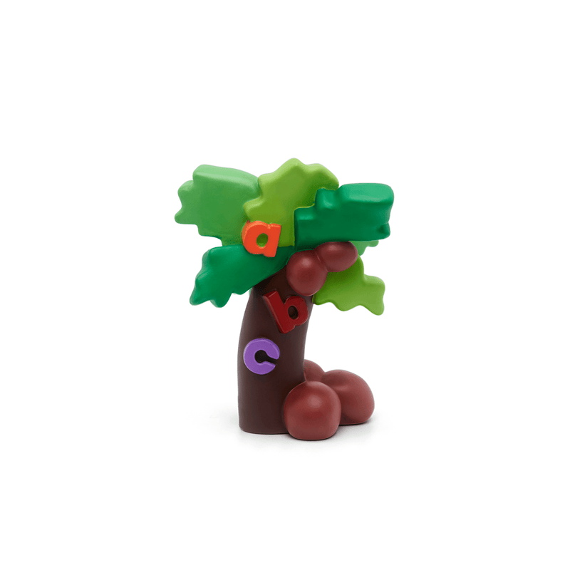Tonie figurine shaped like a tree with colorful letters and apples