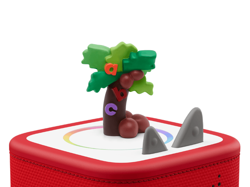 Tonie figure with tree design on red Toniebox showing coconut tree with letters