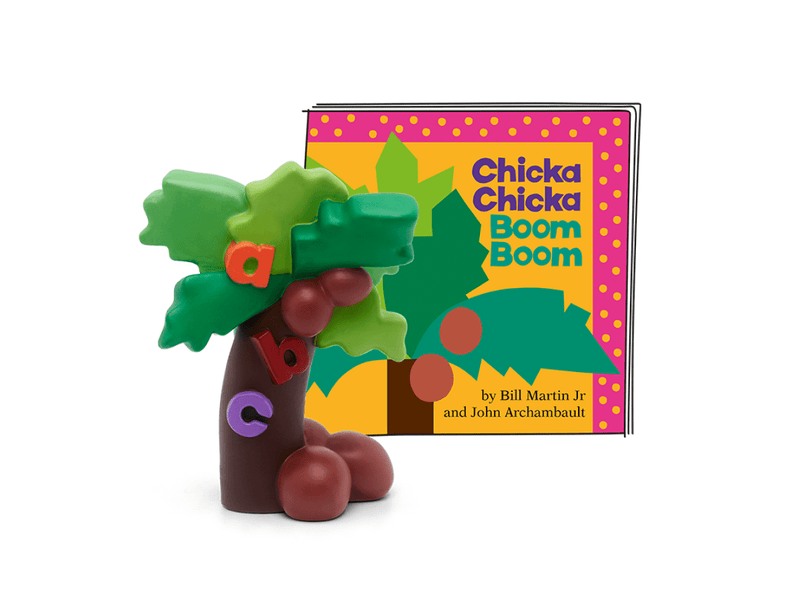 Tonie Chicka Chicka Boom Boom figurine with coconut tree design next to colorful book cover