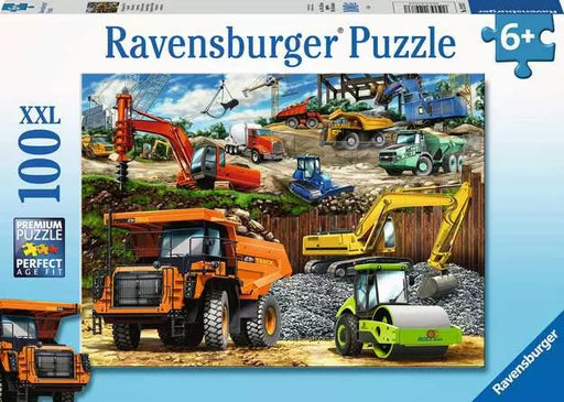 Ravensburger 100-piece XXL puzzle featuring colorful construction vehicles and machinery