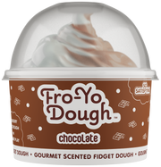Fro-Yo Dough chocolate scented fidget dough in clear container with brown label