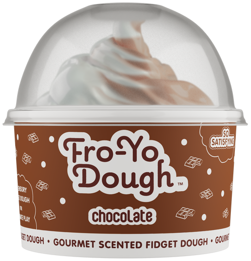Fro-Yo Dough chocolate scented fidget dough in clear container with brown label